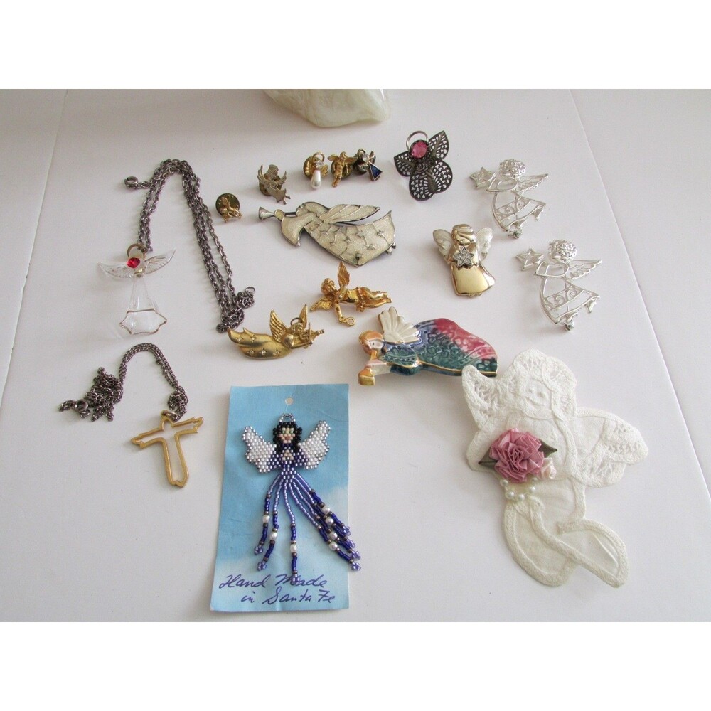 Vintage Lot of 17 Angel Pins, Necklaces and one Candle for Good Luck